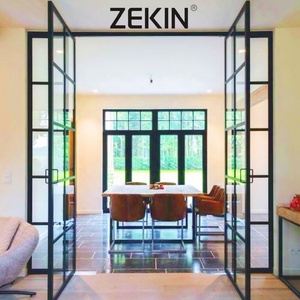 Zekin Black Grill Entrance Swing Doors French Door Aluminum Tempered Glass Casement Entry Door